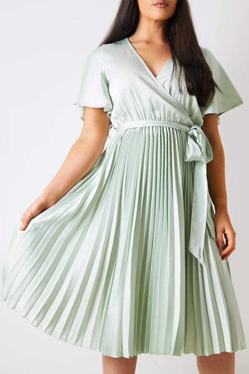 Angel Sleeve Pleated Wrap Midi Dress