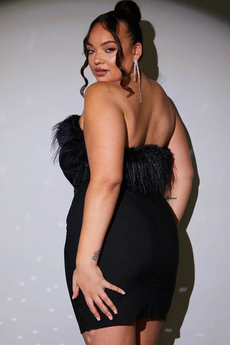 Bandeau Faux Feather Trim Mini Dress