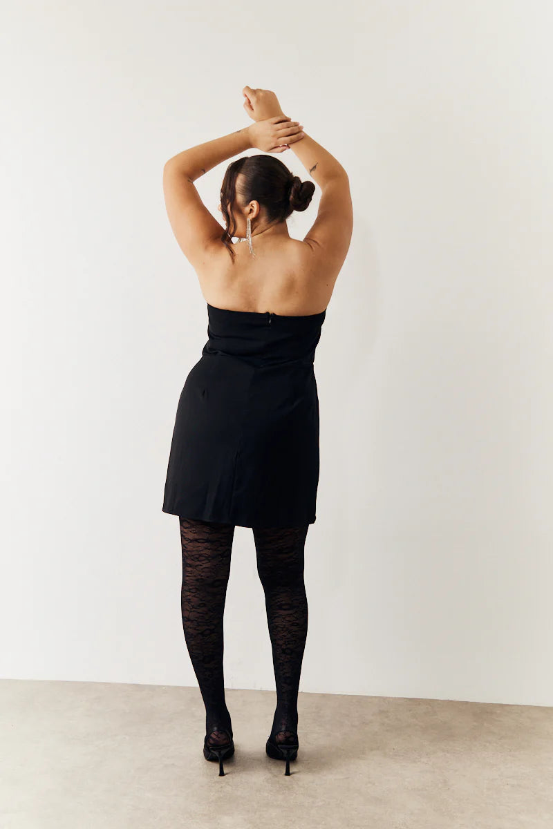 Black Bandeau Bow Front Split Hem Mini Dress