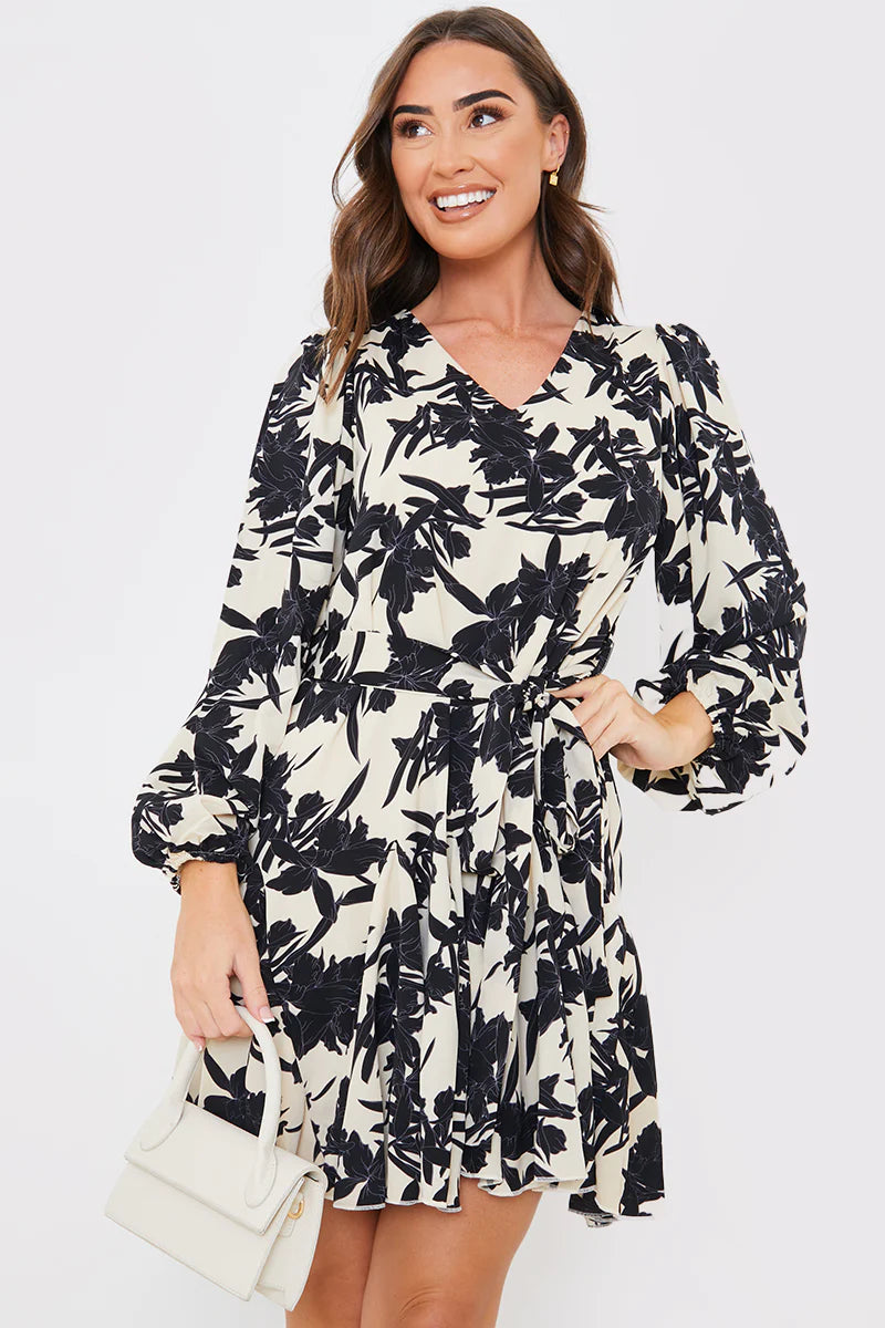 V Neck Balloon Sleeve Godet Mini Dress