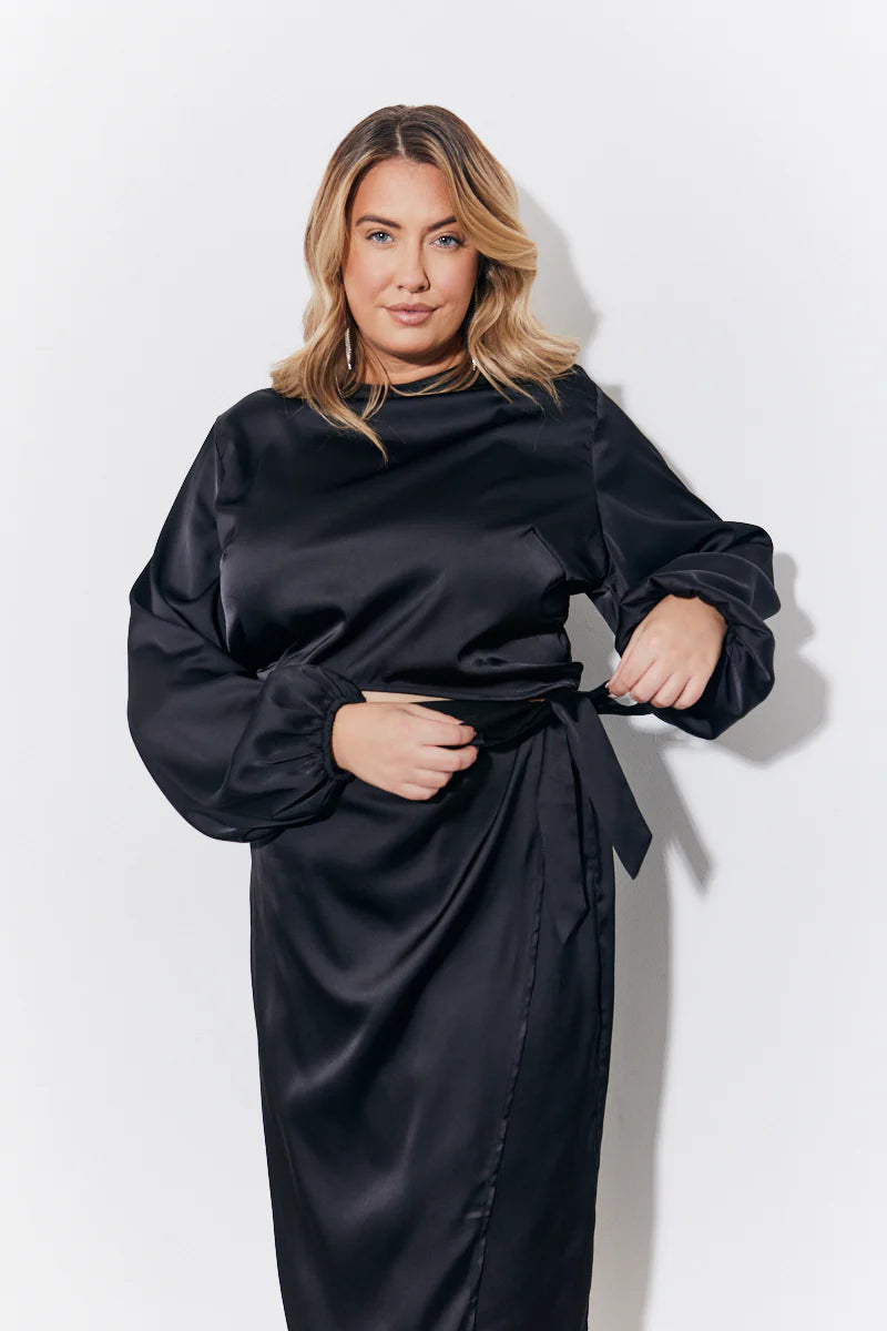 Black Curved Hem Satin Top