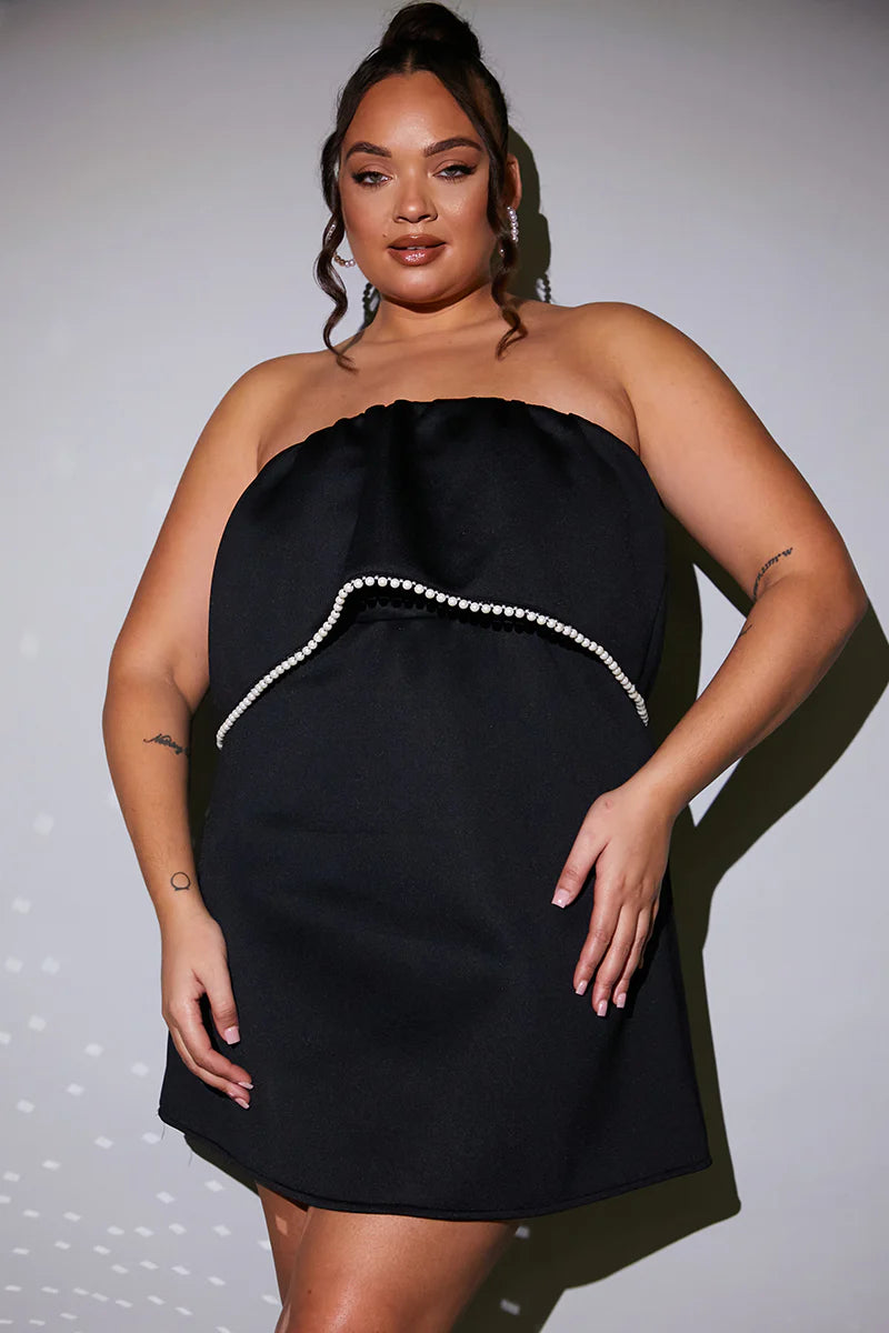 Bandeau Pearl Trim Mini Skater Dress