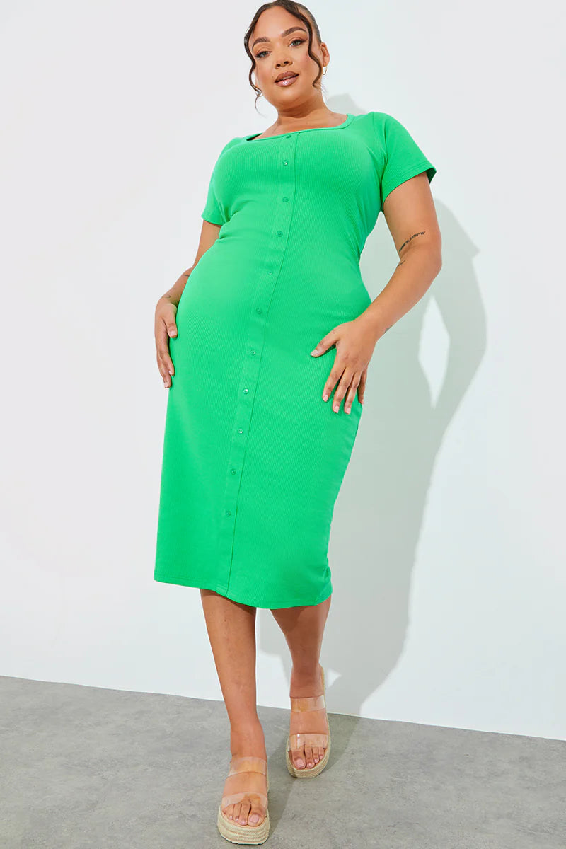 Ribbed Button Through Short Sleeve Midaxi Dress