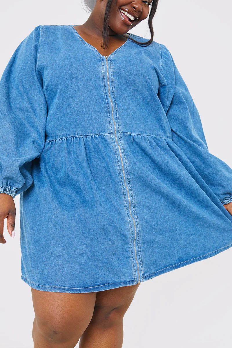 V NECK ZIP THORUGH DENIM MINI DRESS