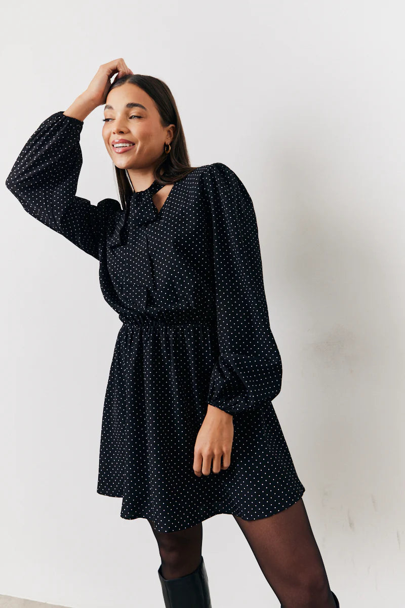 Black and White Polka Dot Mini Dress with Tie Neck