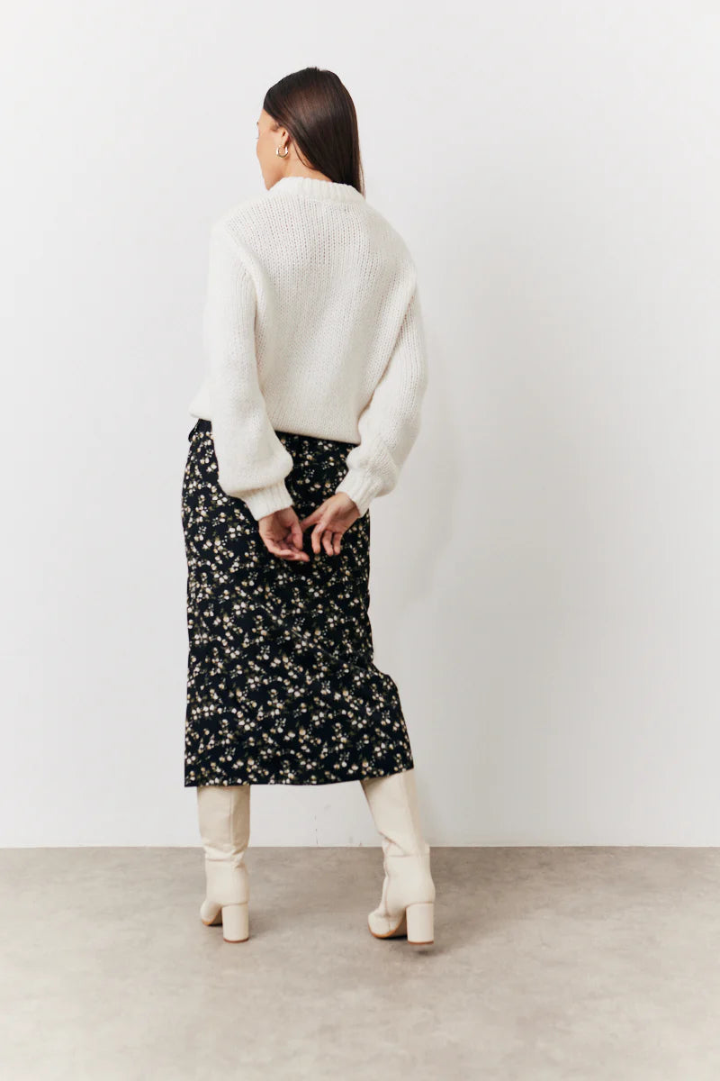 Black Floral Wrap Midi Skirt