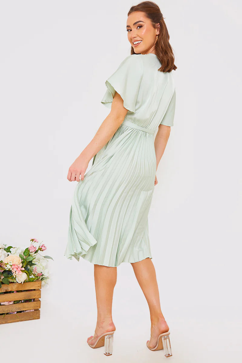 Angel Sleeve Pleated Wrap Midi Dress