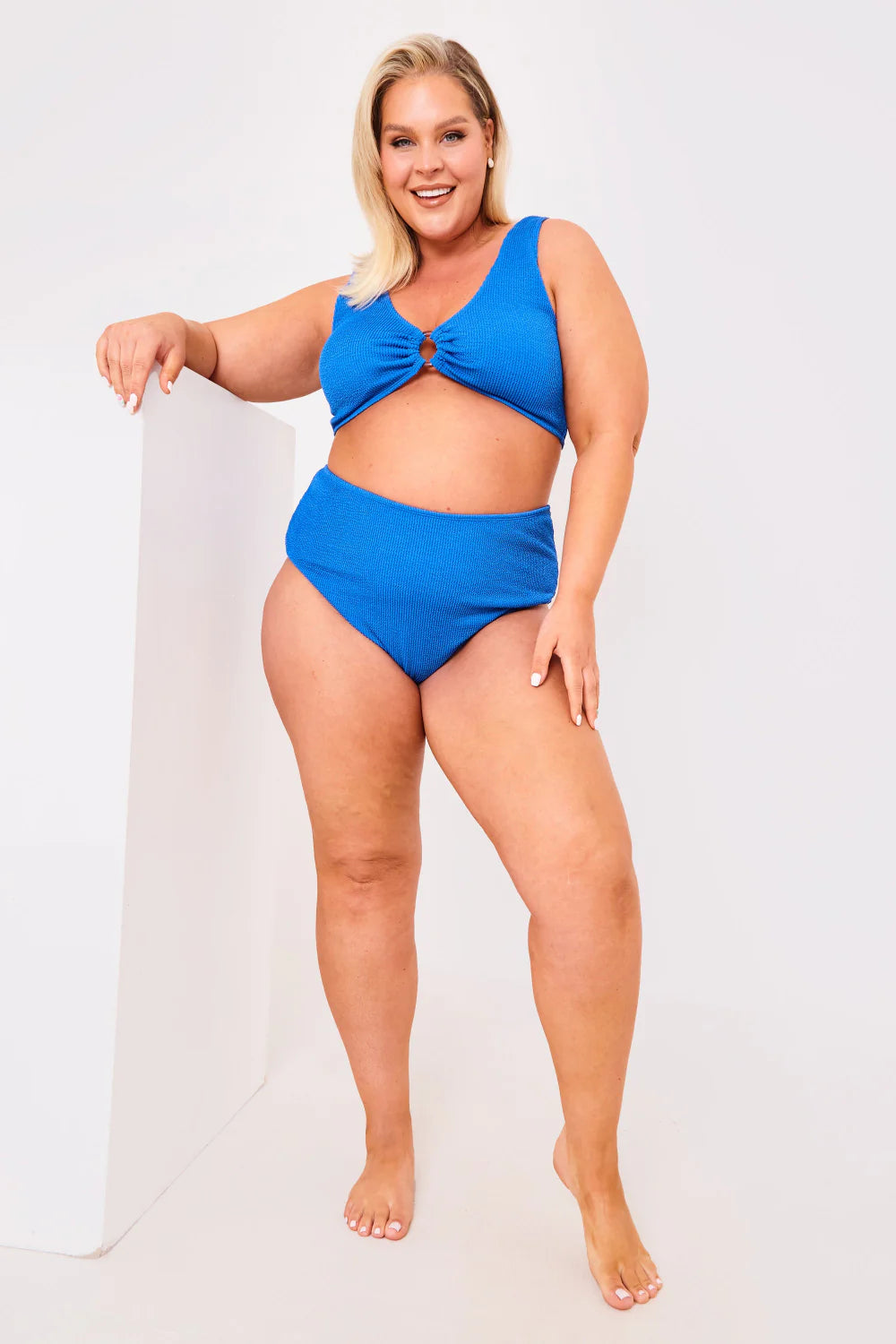 Textured Crinkle Scoop Neck Ring Detail Bikini Top