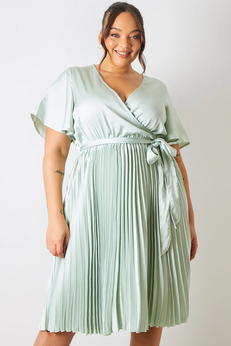 Angel Sleeve Pleated Wrap Midi Dress