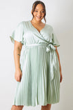 Angel Sleeve Pleated Wrap Midi Dress