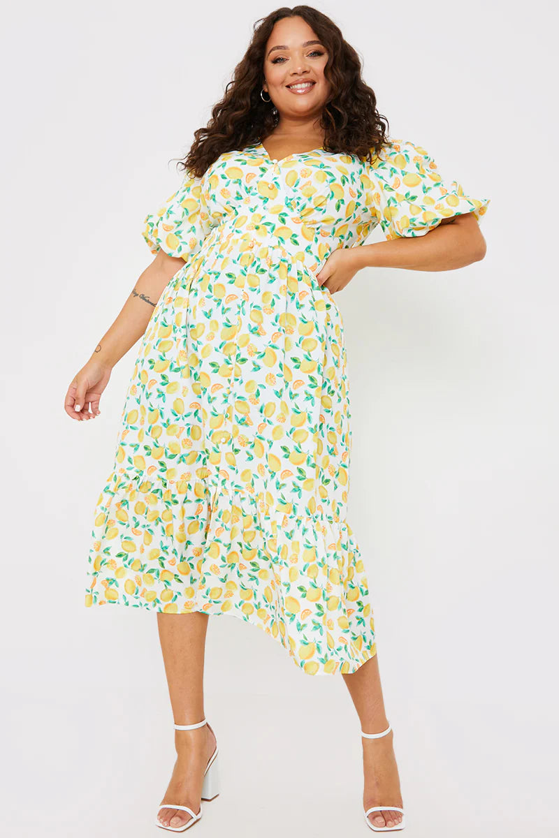 Lemon Print Button Detail Midi Dress