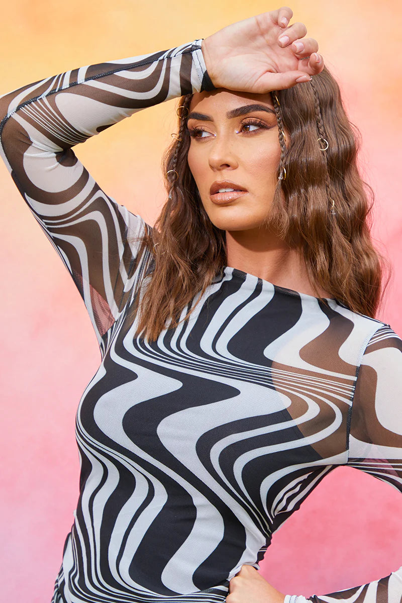 Swirl Print Mesh Bodycon Dress