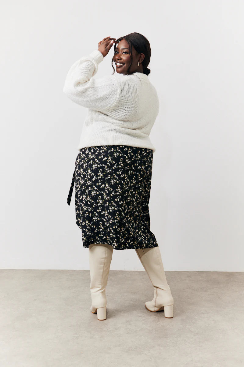 Black Floral Wrap Midi Skirt