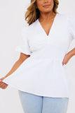 Poplin Shirred Waist Puff Sleeve Top