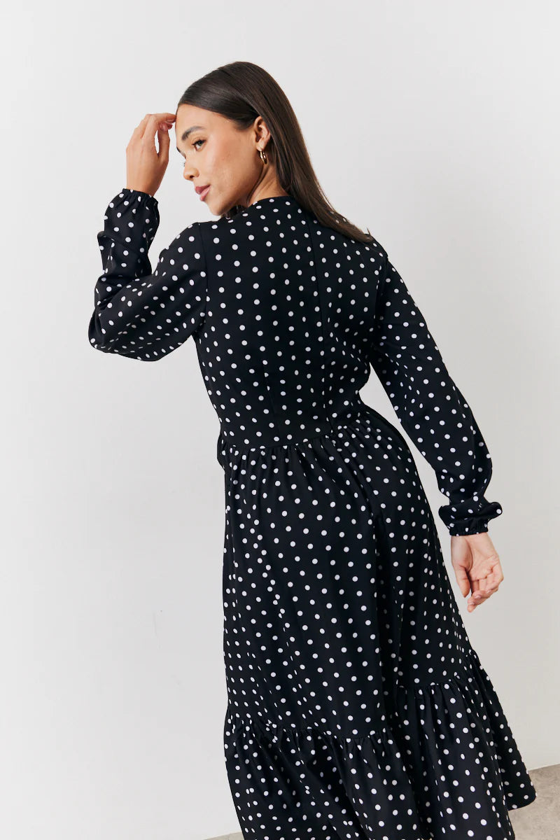 Black and White Polka Dot Frill Detail Midaxi Dress