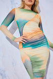 Mesh Ruched Long Sleeve Midi Dress