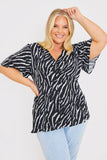 Zebra Plunge Button Front Blouse With Shirred Cuffs