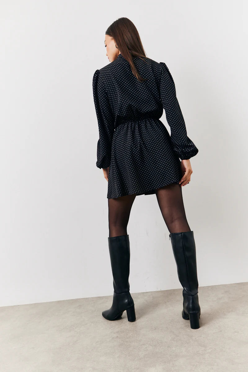 Black and White Polka Dot Mini Dress with Tie Neck