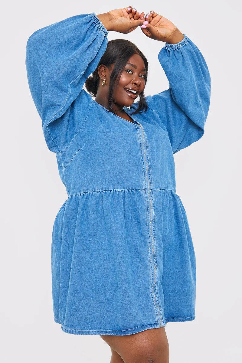 V NECK ZIP THORUGH DENIM MINI DRESS