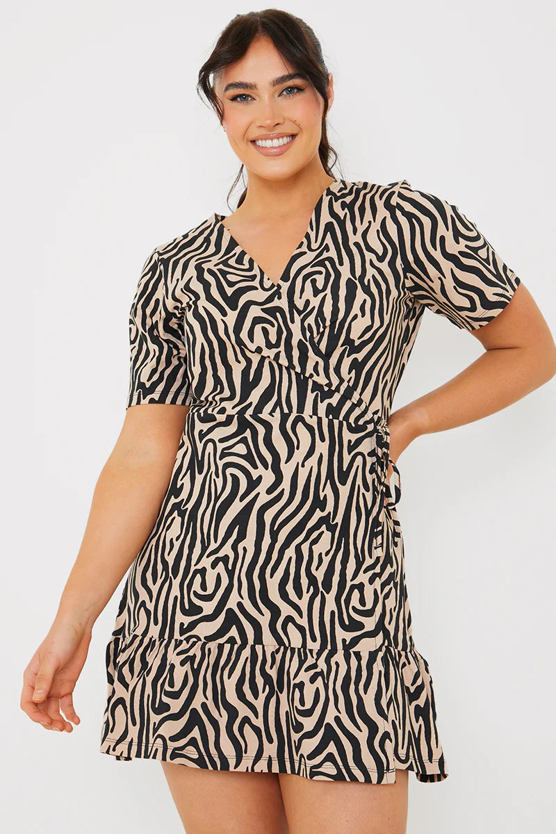 Animal Print Short Sleeve Wrap Swing Dress