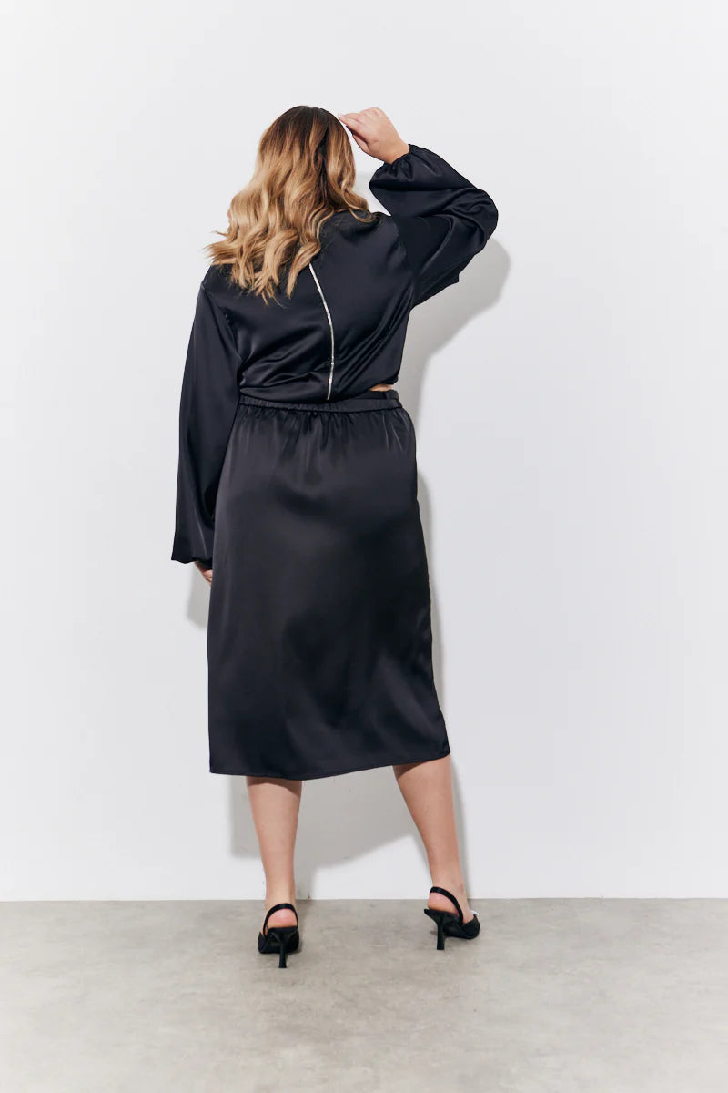 Black Curved Hem Satin Top