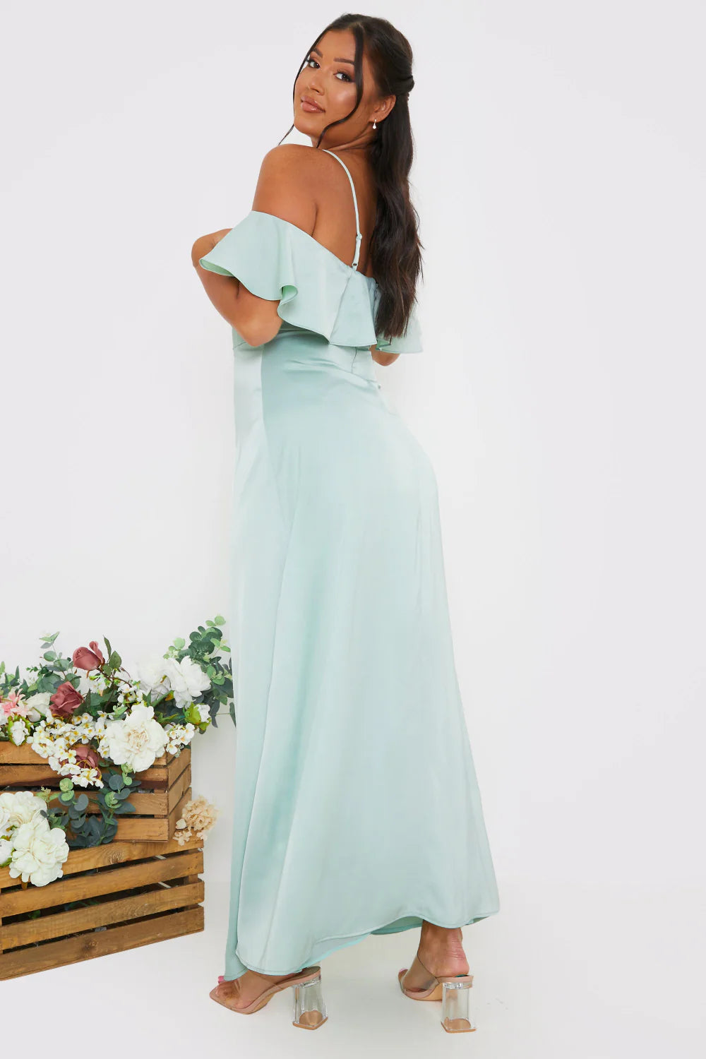 Satin Frill Off The Shoulder Maxi Dress
