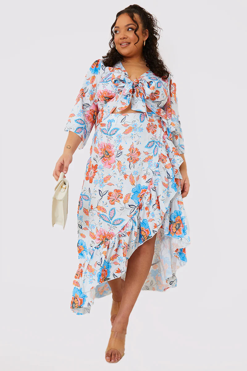 Multi Floral Frill Detail Wrap Maxi Skirt