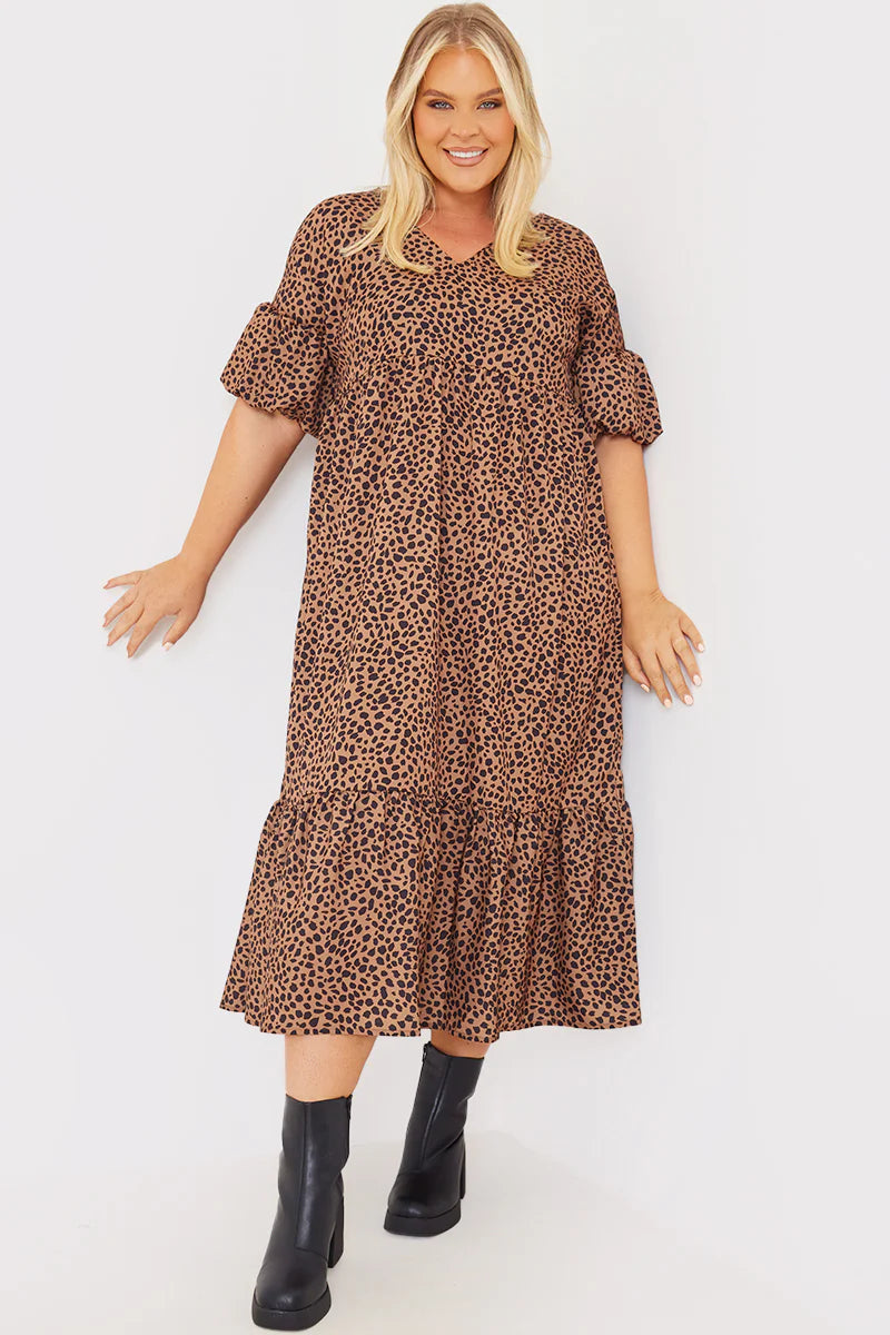 Animal Print V Neck Smock Maxi Dress