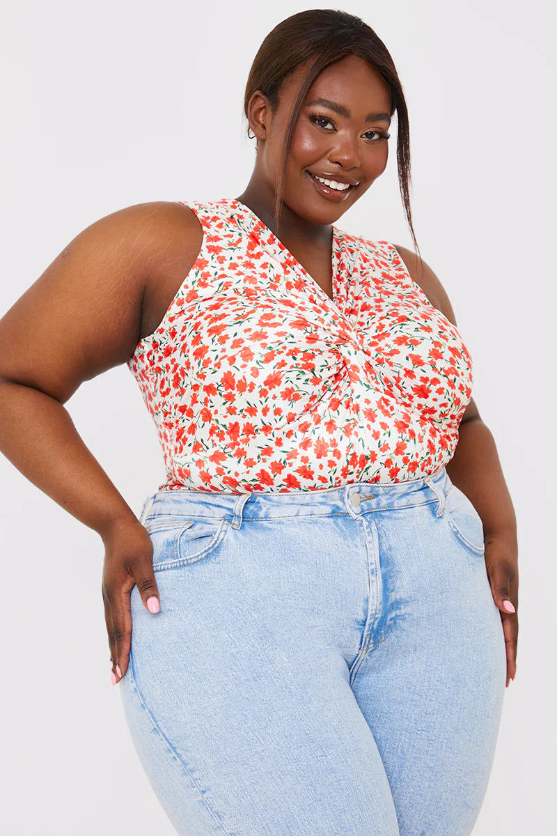 Floral Print Twist Front Sleeveless Bodysuit