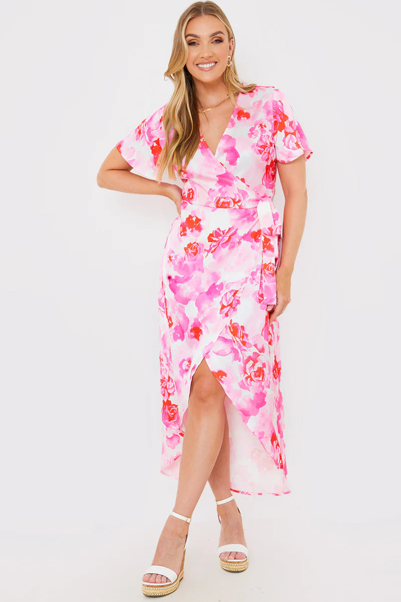 Short Sleeve Satin Wrap Belted Midaxi Dress