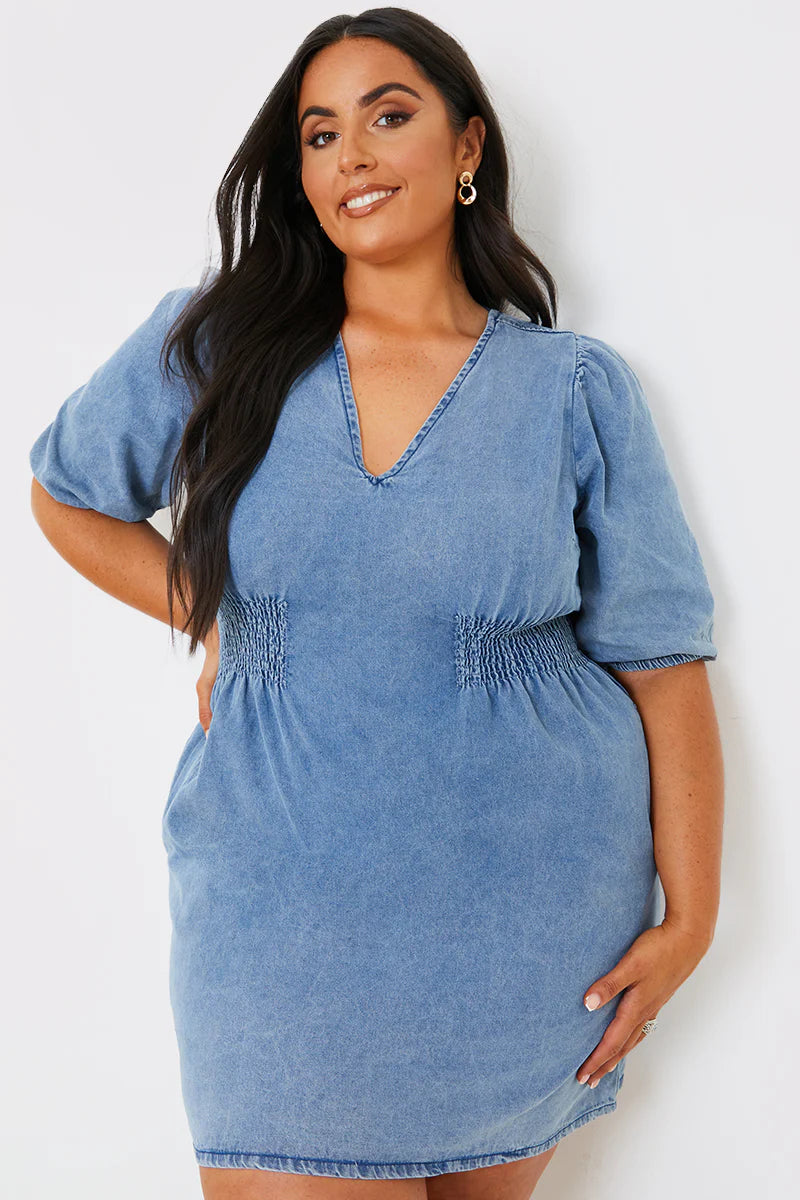 Denim V Neck Shirred Waist Tie Back Mini Dress
