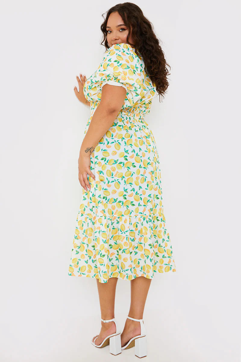 Lemon Print Button Detail Midi Dress