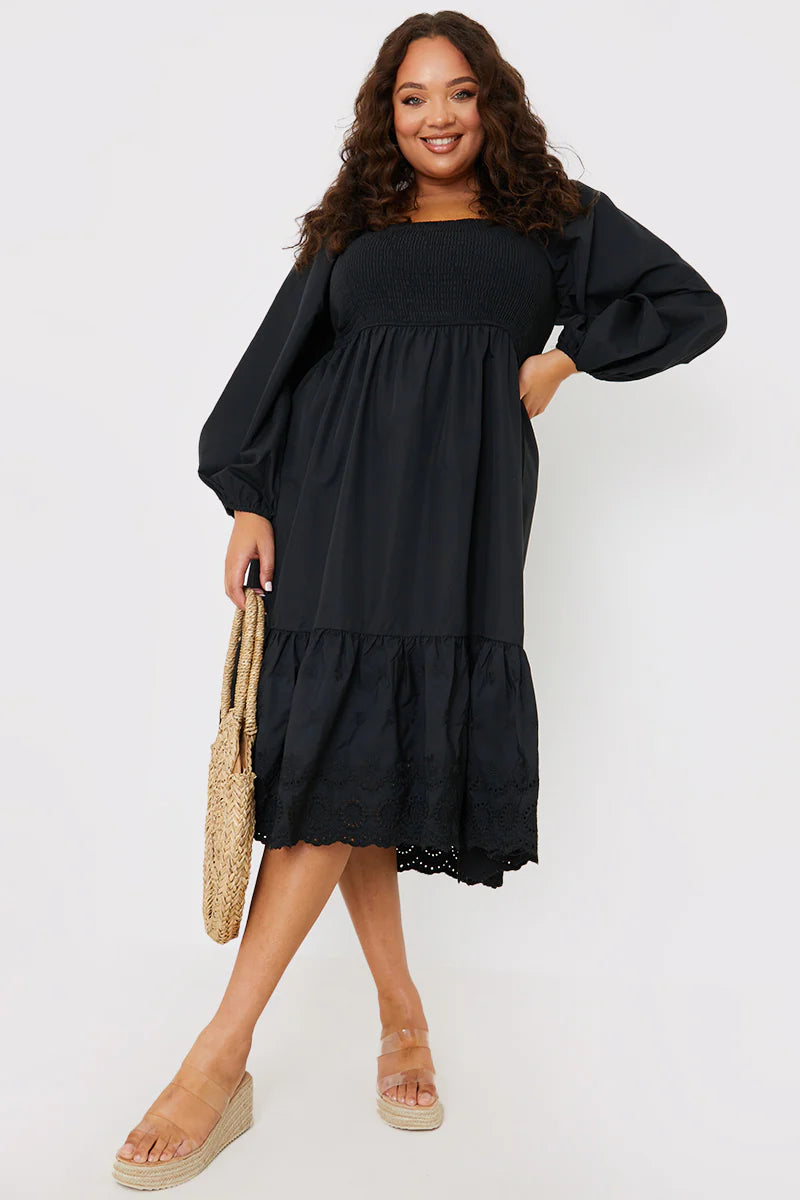 Shirred Puff Sleeve Frill Hem Midi Dress