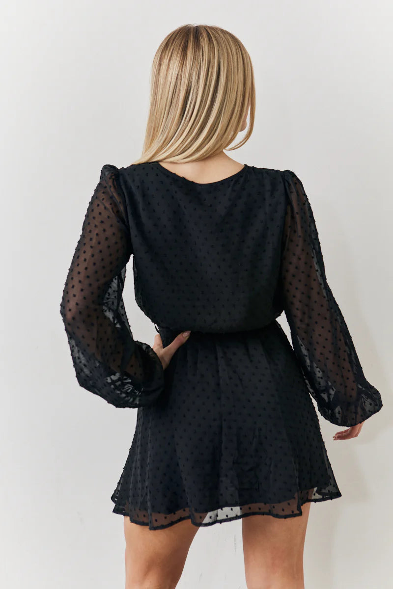 Black Dobby Chiffon Belted Mini Dress