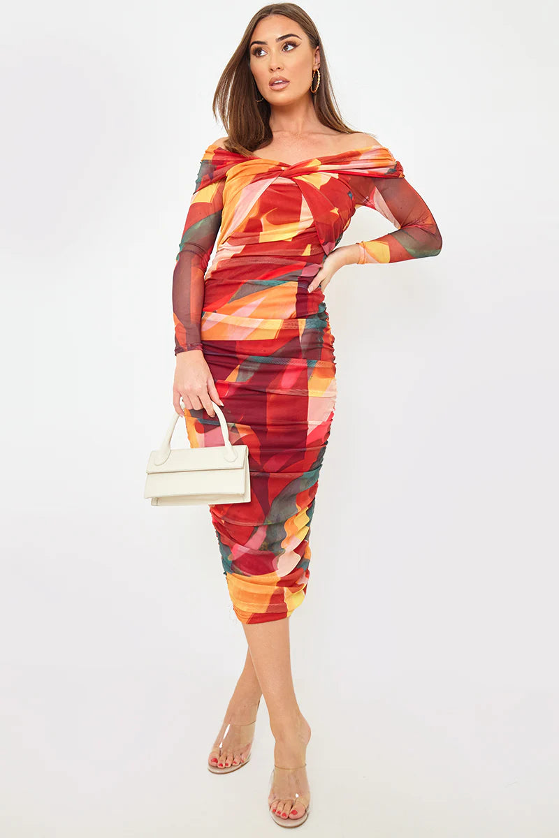 Contrast Mesh Twist Midi Dress