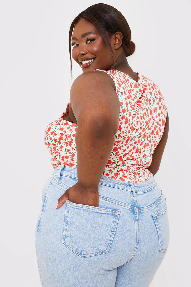 Floral Print Twist Front Sleeveless Bodysuit