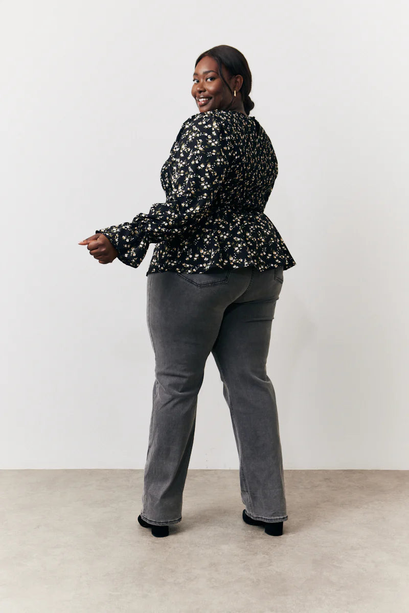 Black Floral Shirred Bust Blouse