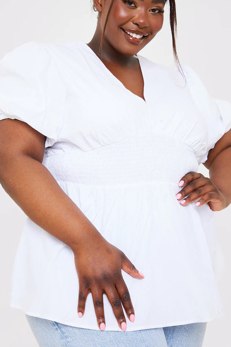 Poplin Shirred Waist Puff Sleeve Top