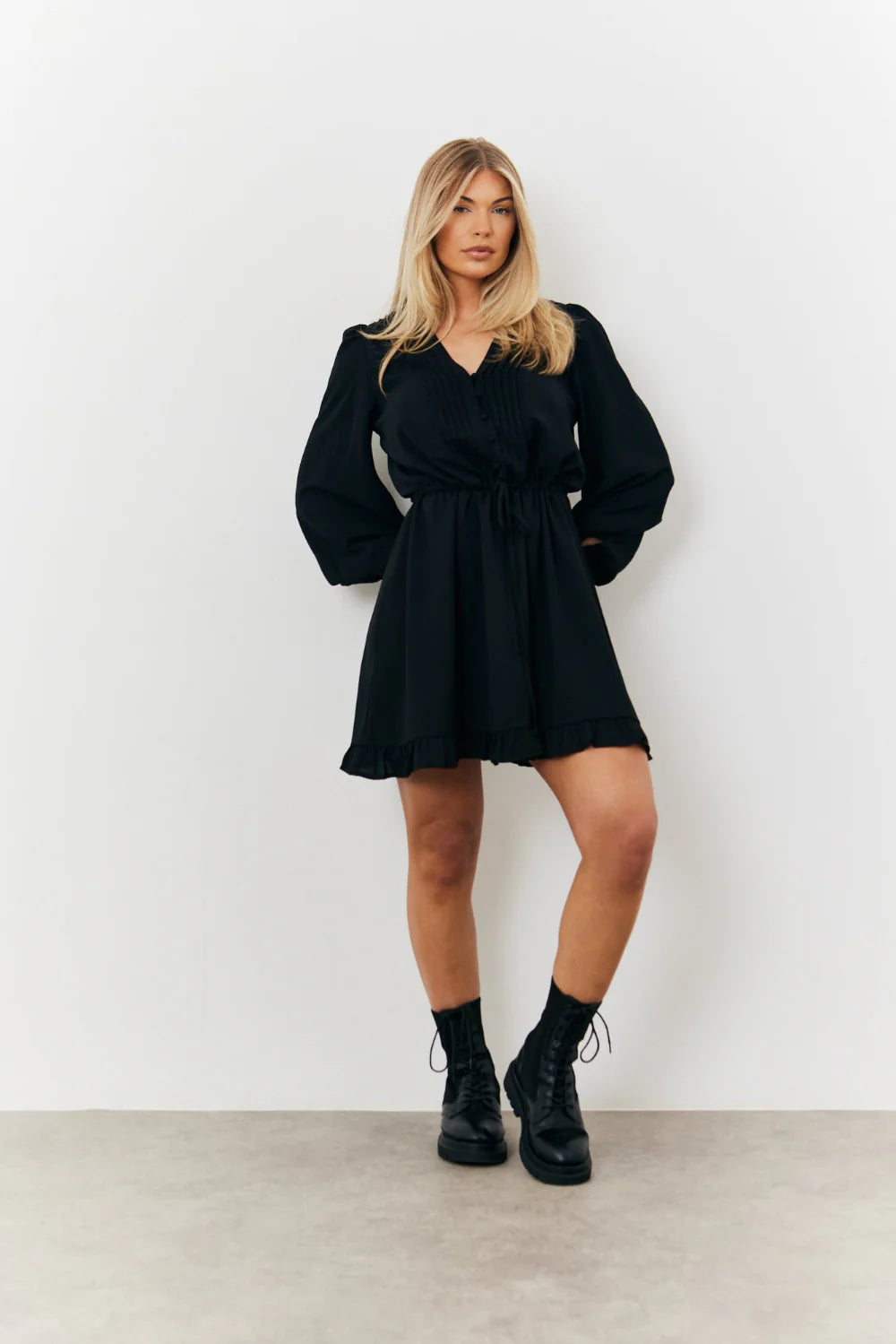 Balloon Sleeve Pintuck Tie Waist Detail Mini Dress