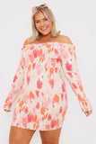 Floral Bardot Shirred Long Sleeve Mini Dress