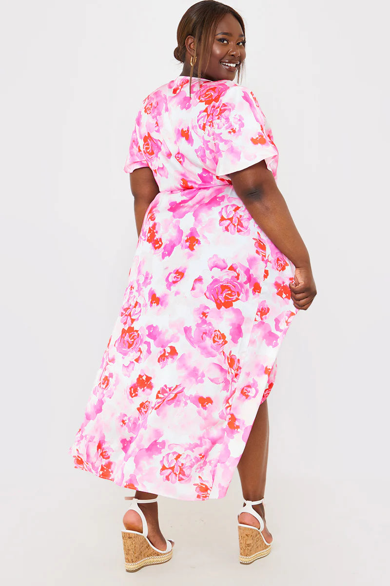 Short Sleeve Satin Wrap Belted Midaxi Dress