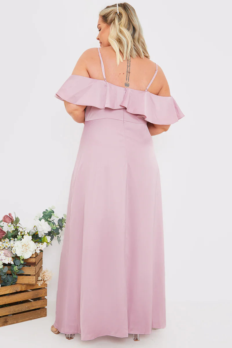 Satin Frill Off The Shoulder Maxi Dress