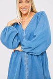 V NECK ZIP THORUGH DENIM MINI DRESS