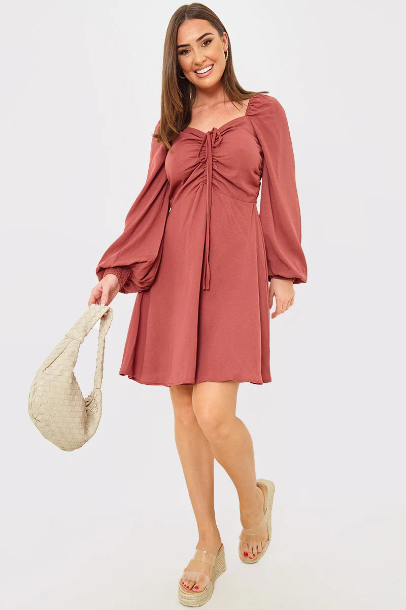 Channel Front Ruched Balloon Sleeve Shift Dress