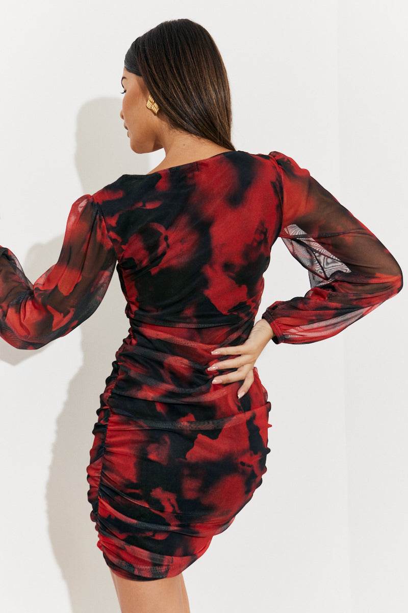 Abstract Print Ruched Mesh Mini Dress
