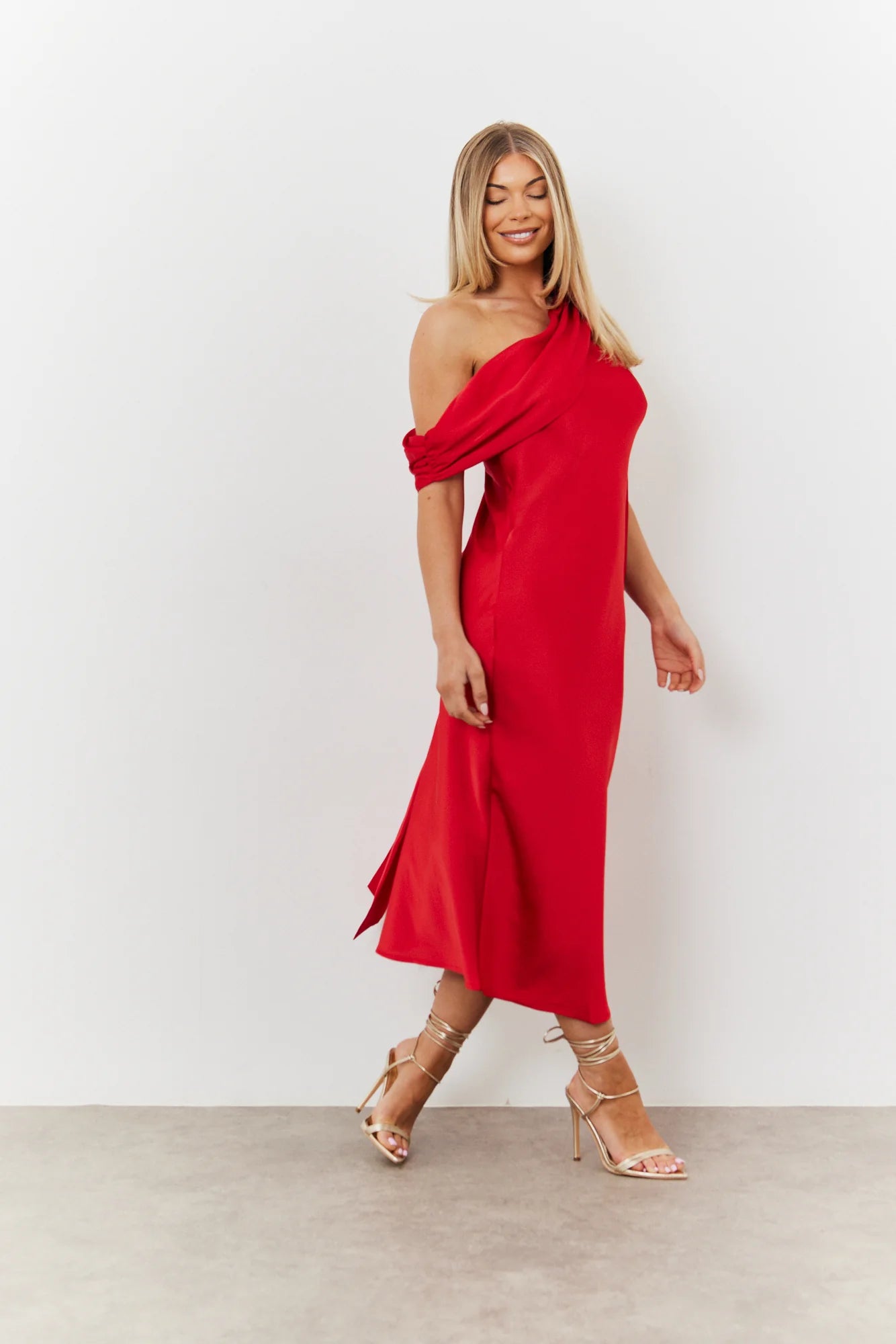 Satin Asymmetric Draped Neckline Midi Dress