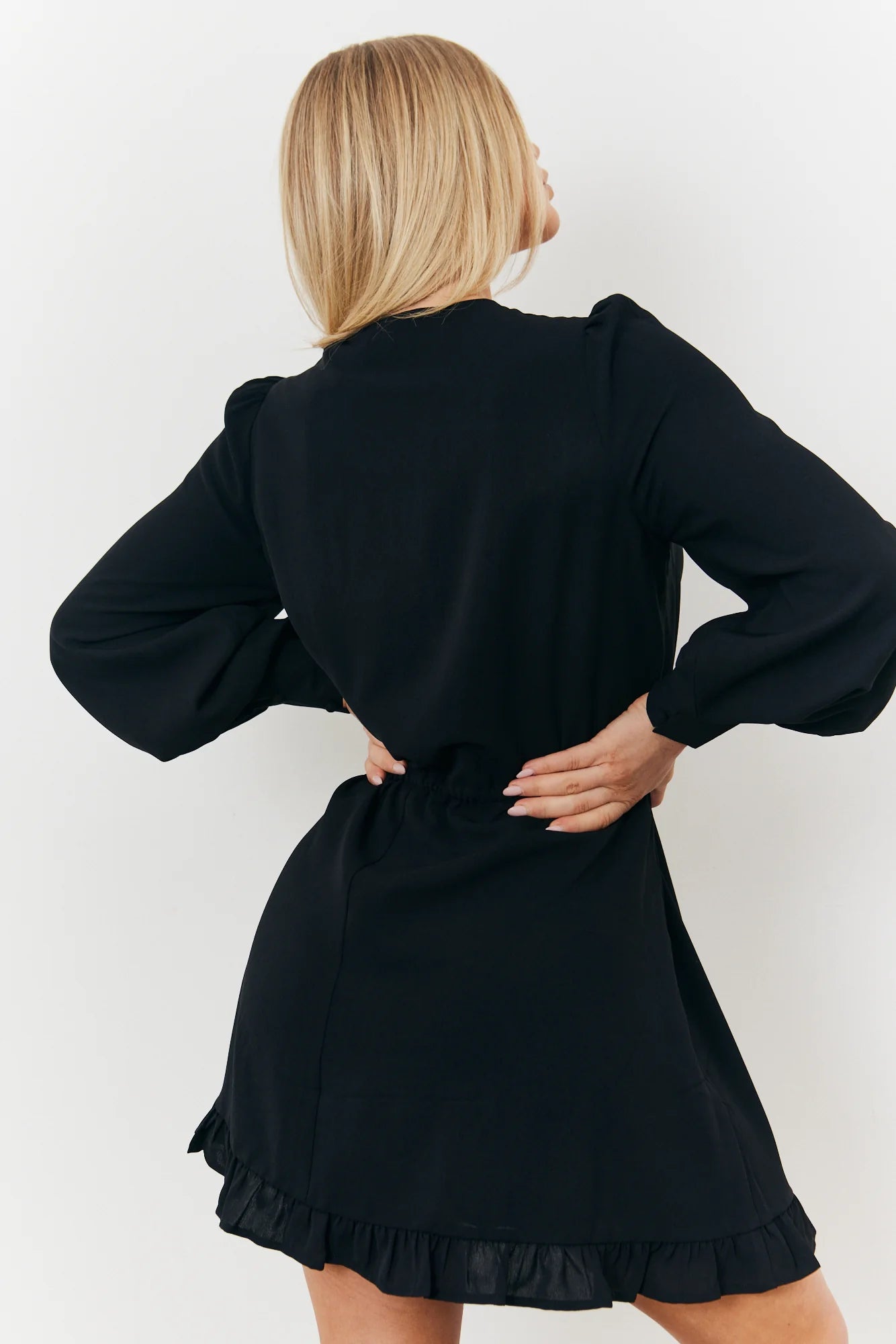 Balloon Sleeve Pintuck Tie Waist Detail Mini Dress