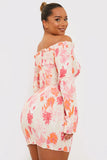 Floral Bardot Shirred Long Sleeve Mini Dress