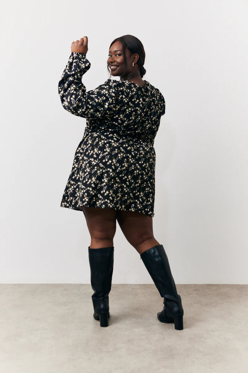 Black Ditsy Floral Printed Mini Wrap Front Dress