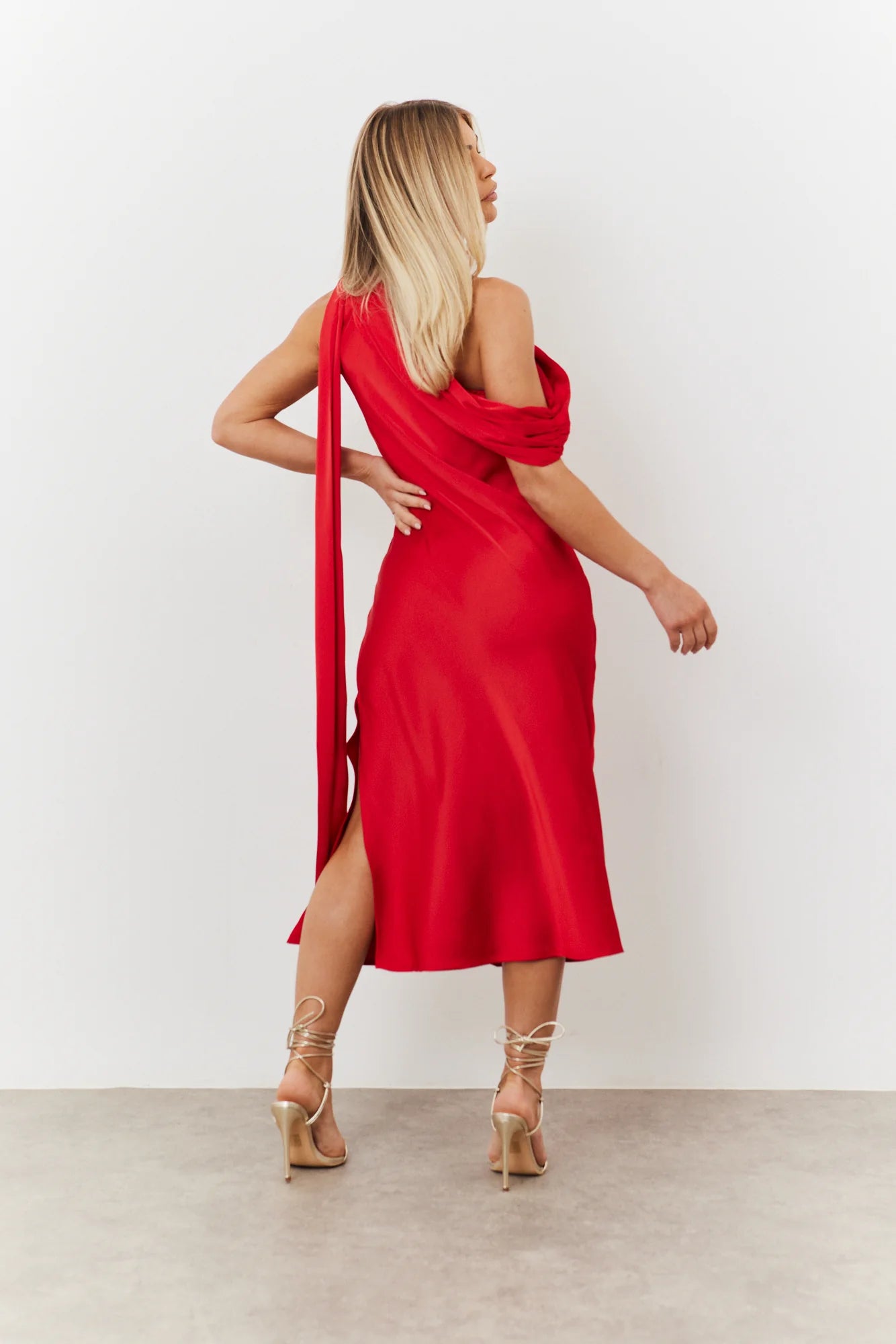 Satin Asymmetric Draped Neckline Midi Dress